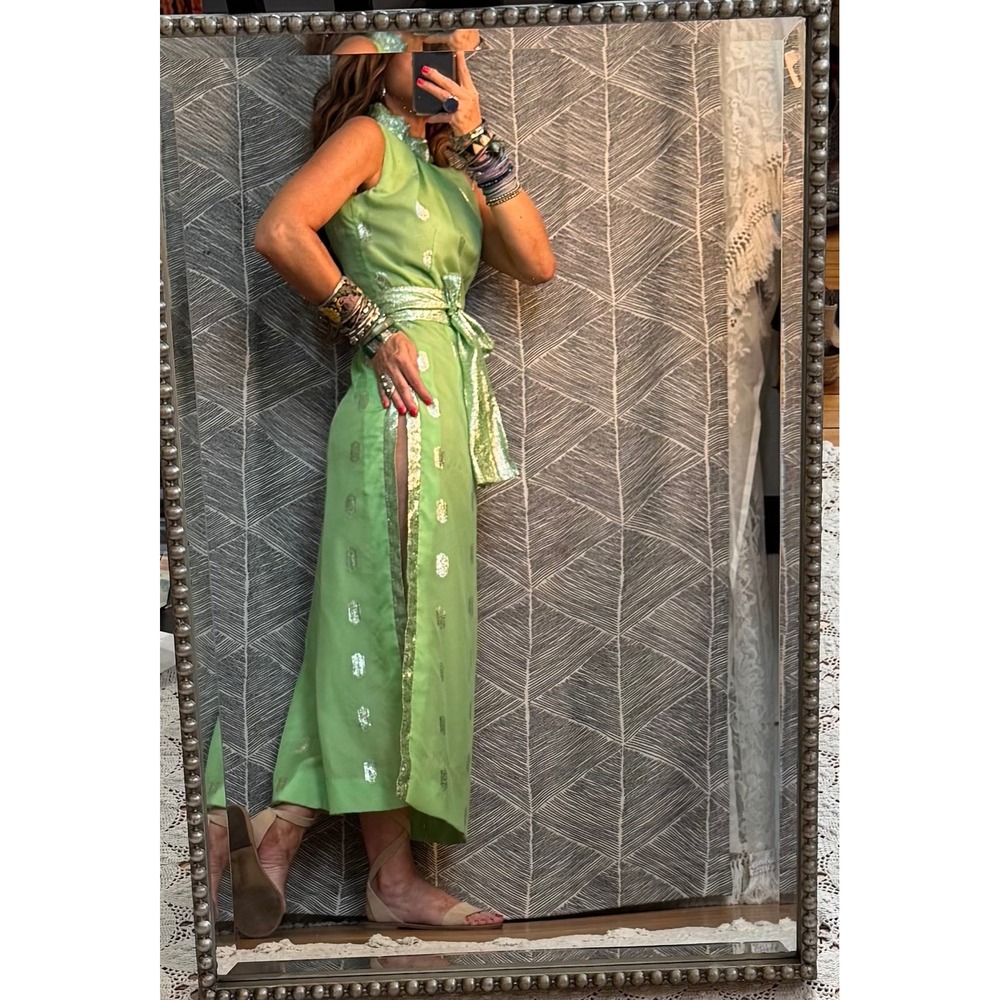 Vintage 70s Green & Silver Maxi Dress with Pants & Sash - Picture 2 of 8